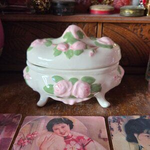 Vintage Rococo-Style Ceramic Rose Trinket Jewelry Dresser Box Romantic Cottage